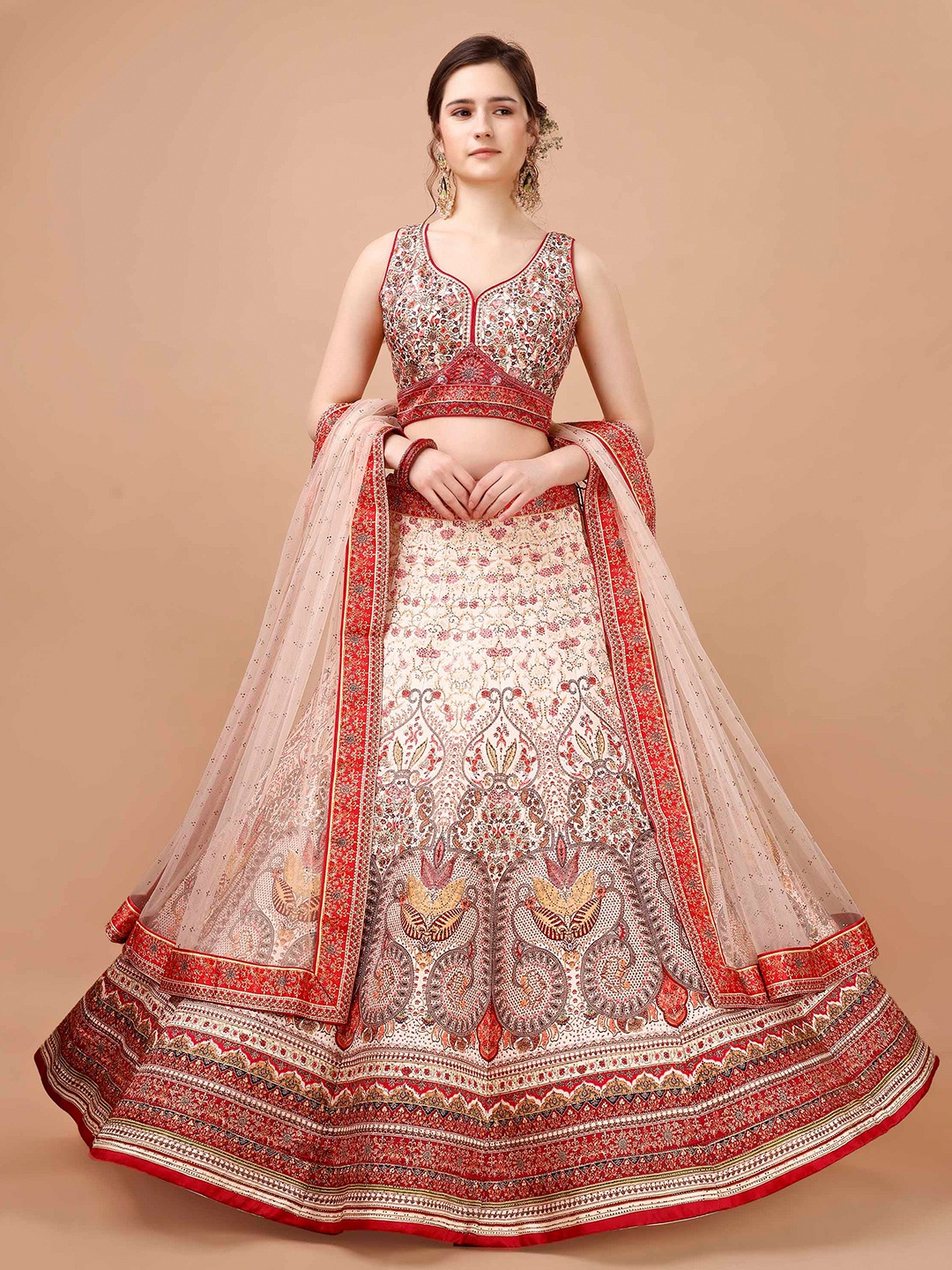 

SAPTRANGI Printed Semi-Stitched Lehenga & Blouse With Dupatta, White