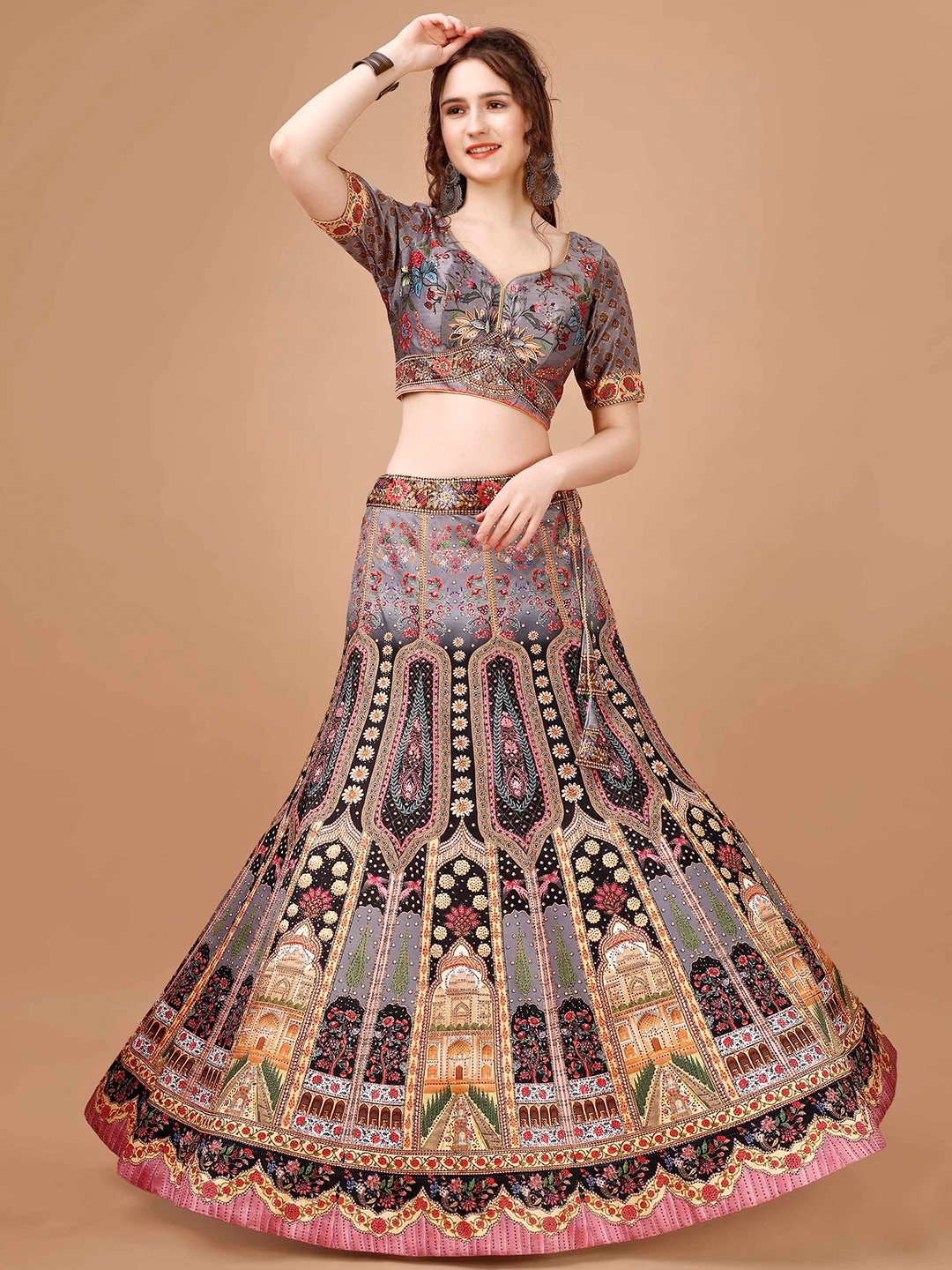

SAPTRANGI Printed Beads and Stones Semi-Stitched Lehenga & Blouse With Dupatta, Blue