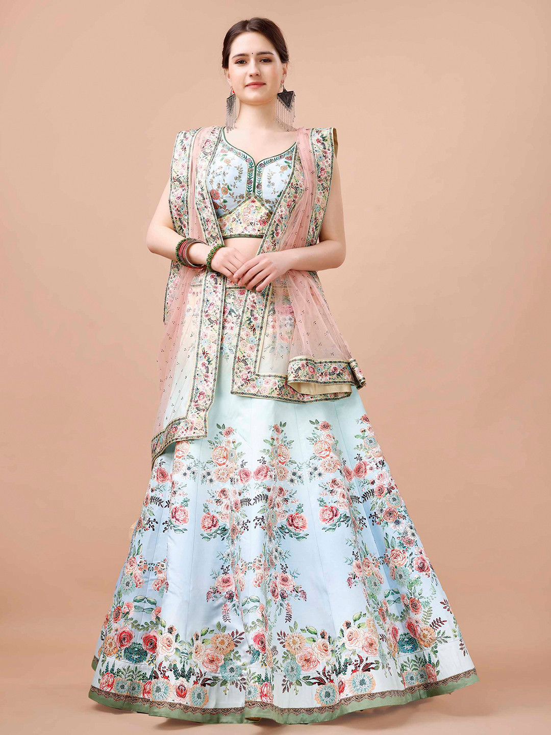 

SAPTRANGI Embroidered Semi-Stitched Lehenga & Blouse With Dupatta, Blue