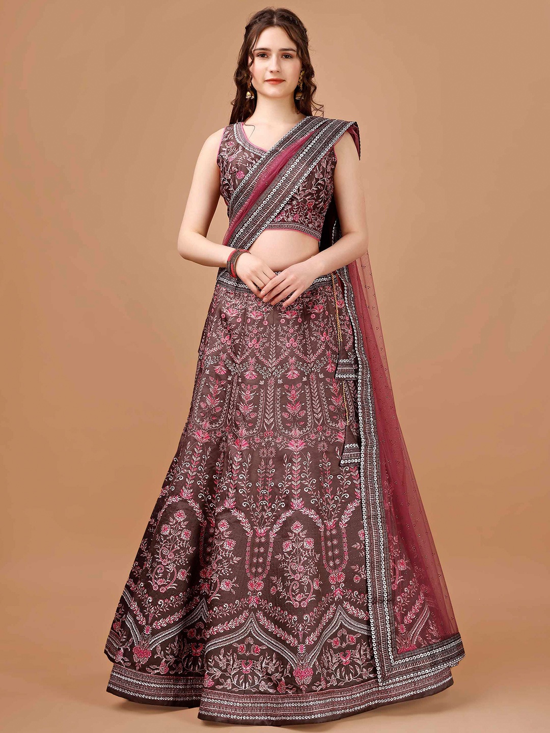 

SAPTRANGI Printed Semi-Stitched Lehenga & Blouse With Dupatta, Brown