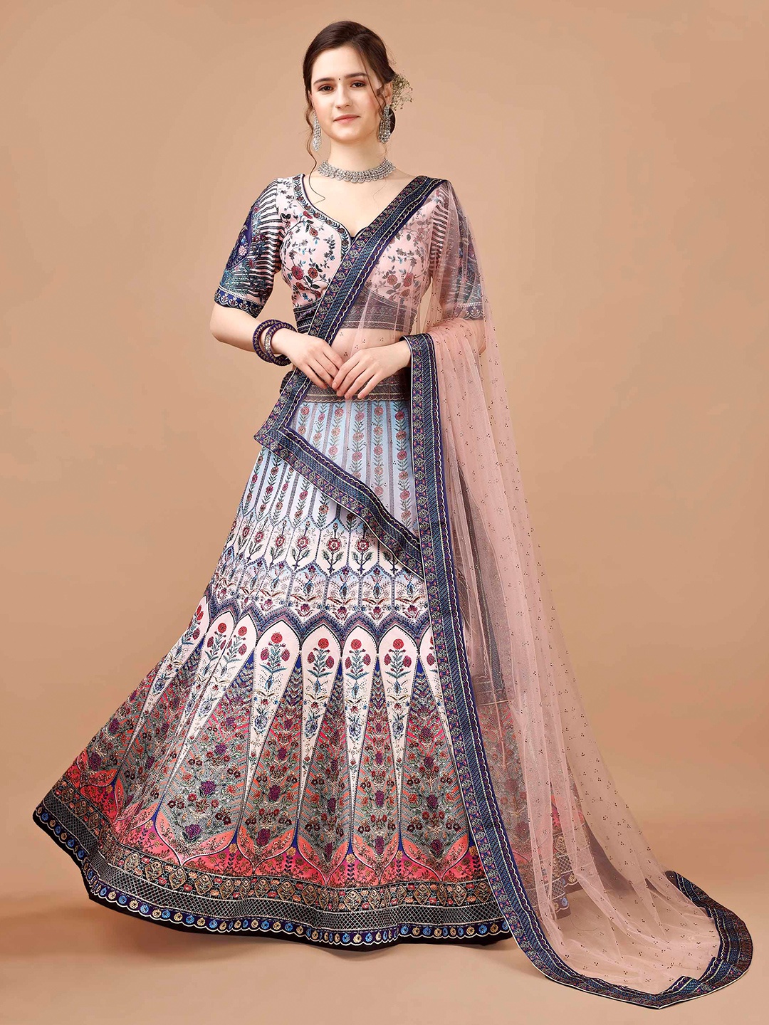 

SAPTRANGI Embroidered Semi-Stitched Lehenga & Blouse With Dupatta, Blue