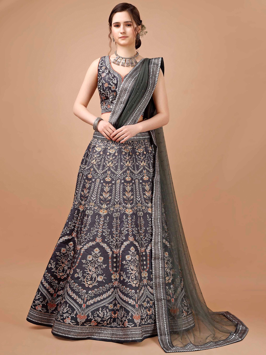 

SAPTRANGI Embroidered Semi-Stitched Lehenga & Blouse With Dupatta, Blue