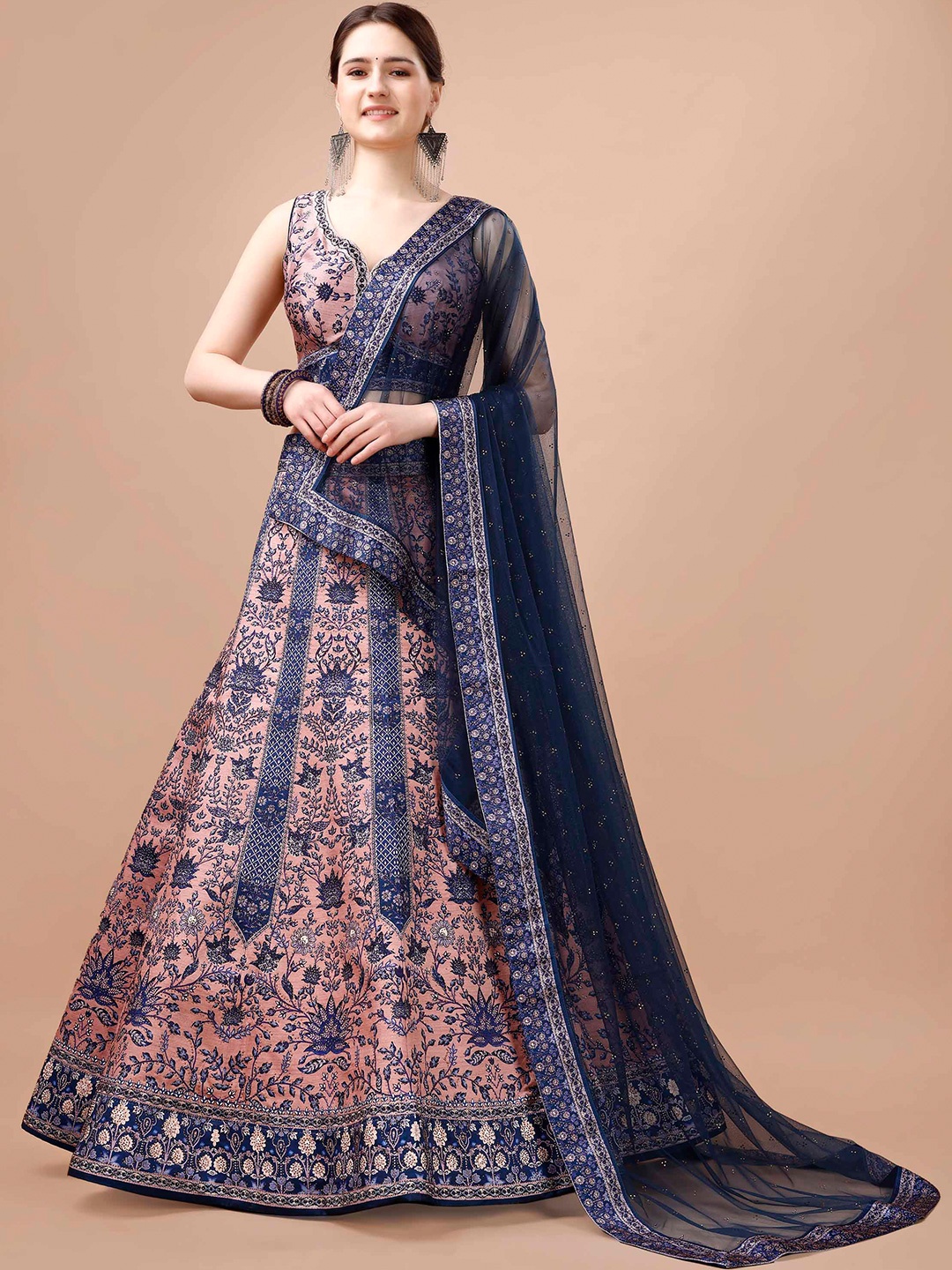 

SAPTRANGI Printed Sequinned Semi-Stitched Lehenga & Blouse With Dupatta, Peach