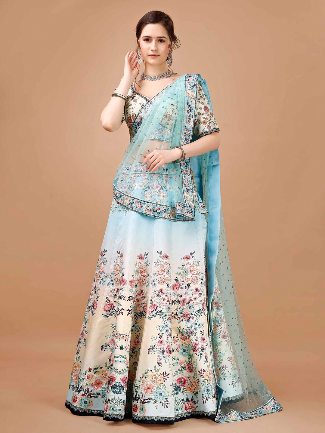 

SAPTRANGI Printed Semi-Stitched Lehenga & Blouse With Dupatta, Blue