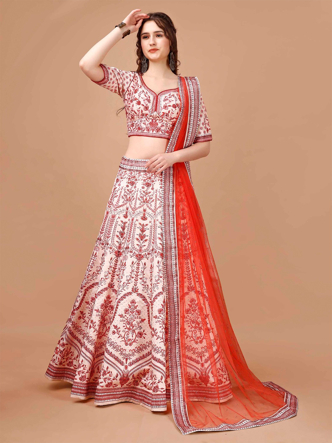 

SAPTRANGI Printed Semi-Stitched Lehenga & Blouse With Dupatta, White