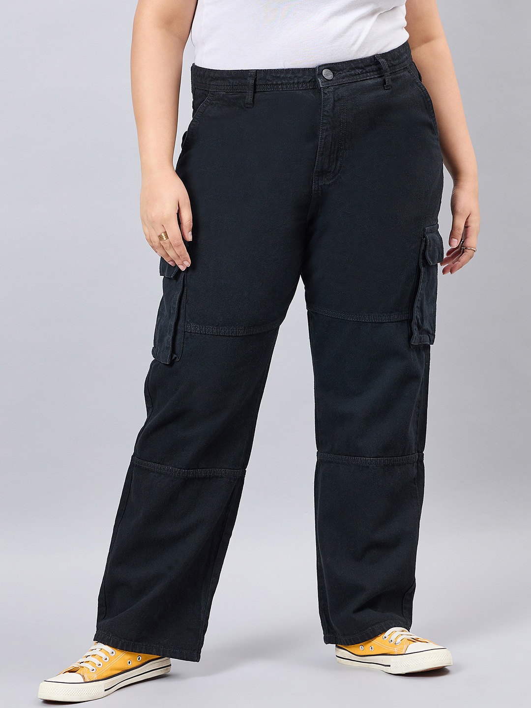 

Style Quotient Women Plus Size Black Relaxed Fit High Rise Cotton Cargos Jeans