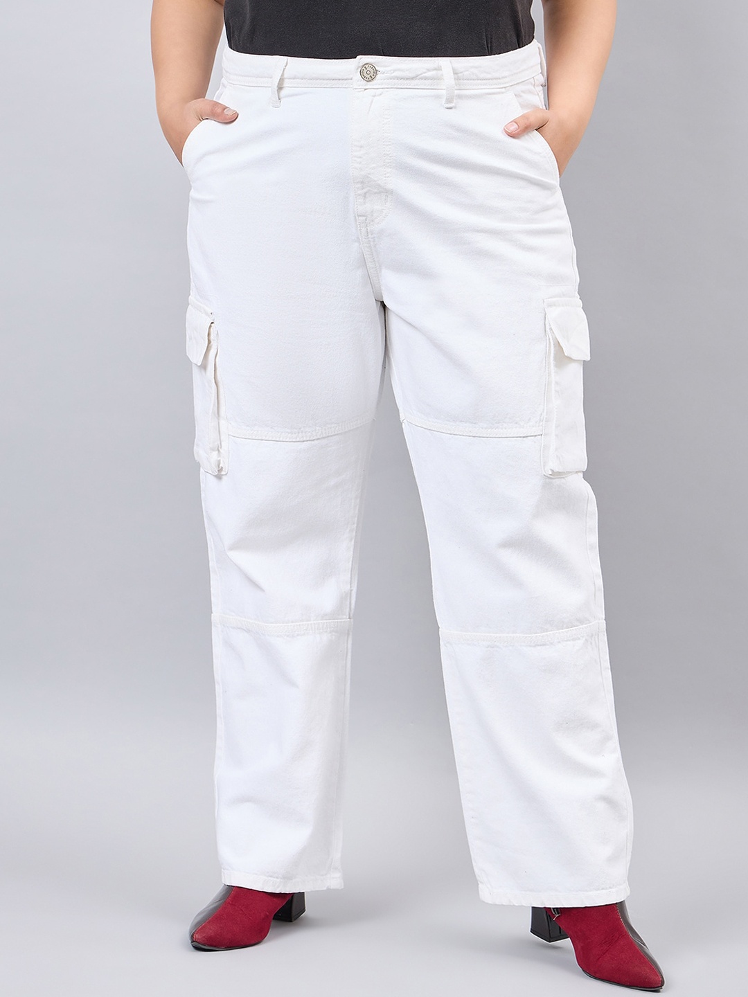 

Style Quotient Women Plus Size White Relaxed Fit High Rise Cargos