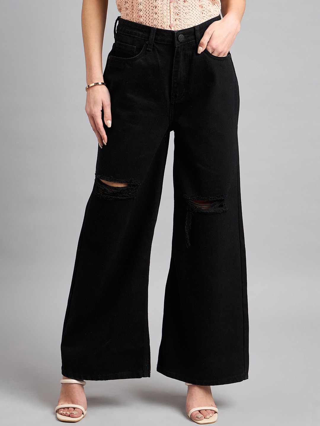

Style Quotient Women Wide Leg High-Rise Mildly Distressed Jeans, Black