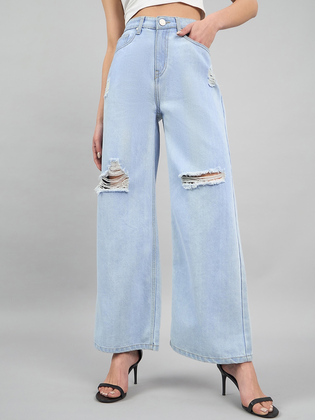 

Style Quotient Women Wide Leg High-Rise Mildly Distressed Jeans, Blue