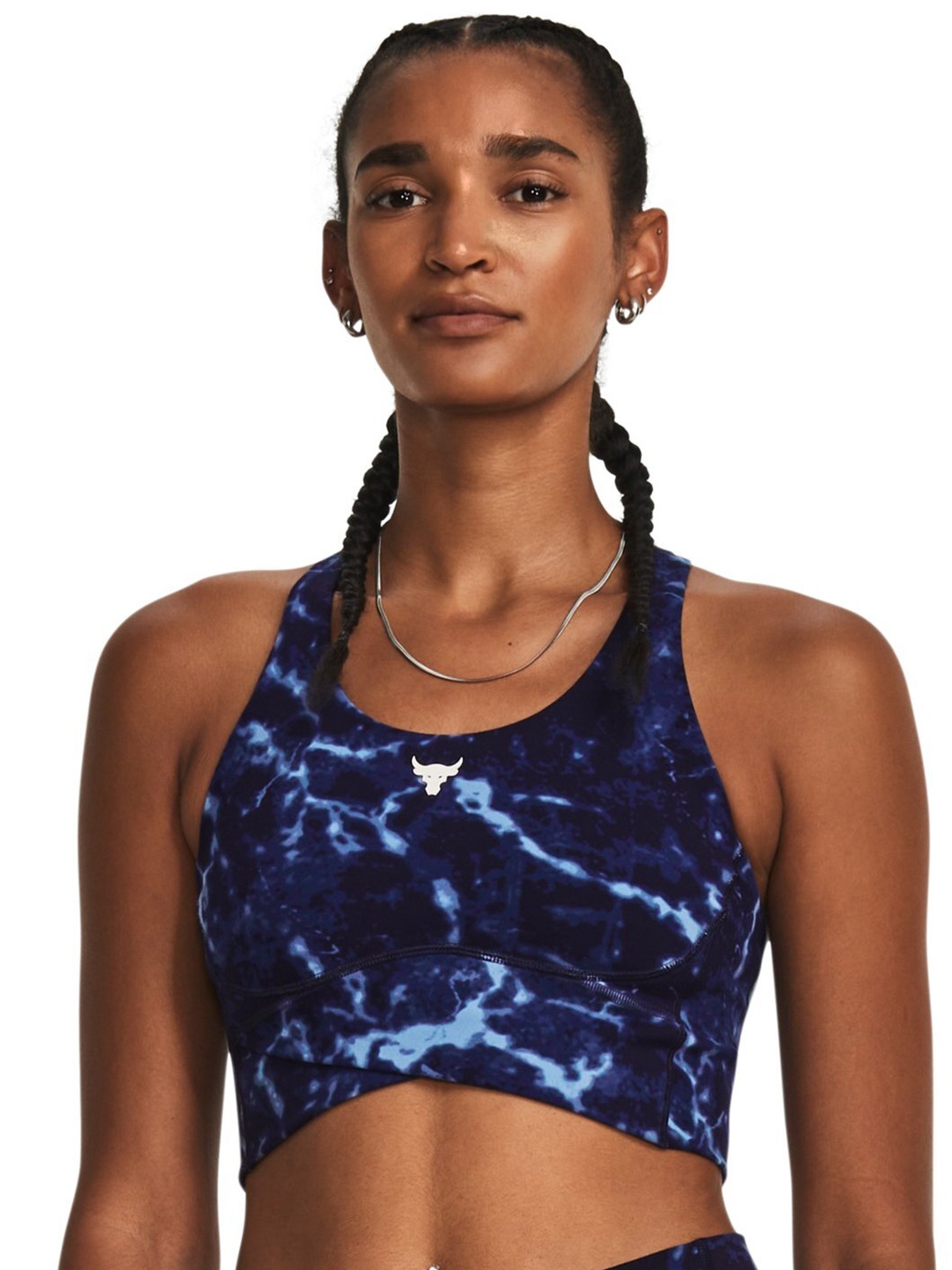 

UNDER ARMOUR UA Project Rock Lets Go Crossover Printed Lightly Padded Sports Bra, Navy blue