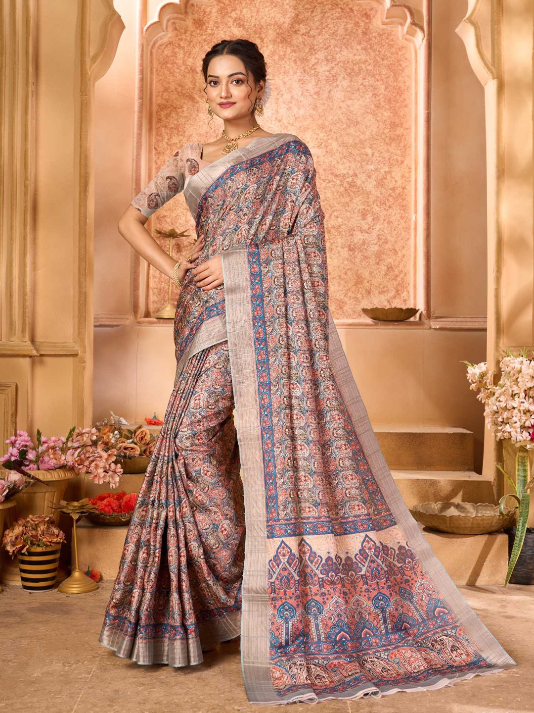 

KALINI Ethnic Motifs Pure Cotton Block Print Saree, Grey