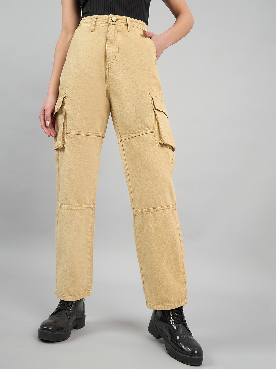 

Style Quotient Women Straight Fit High-Rise Cargo Jeans, Khaki