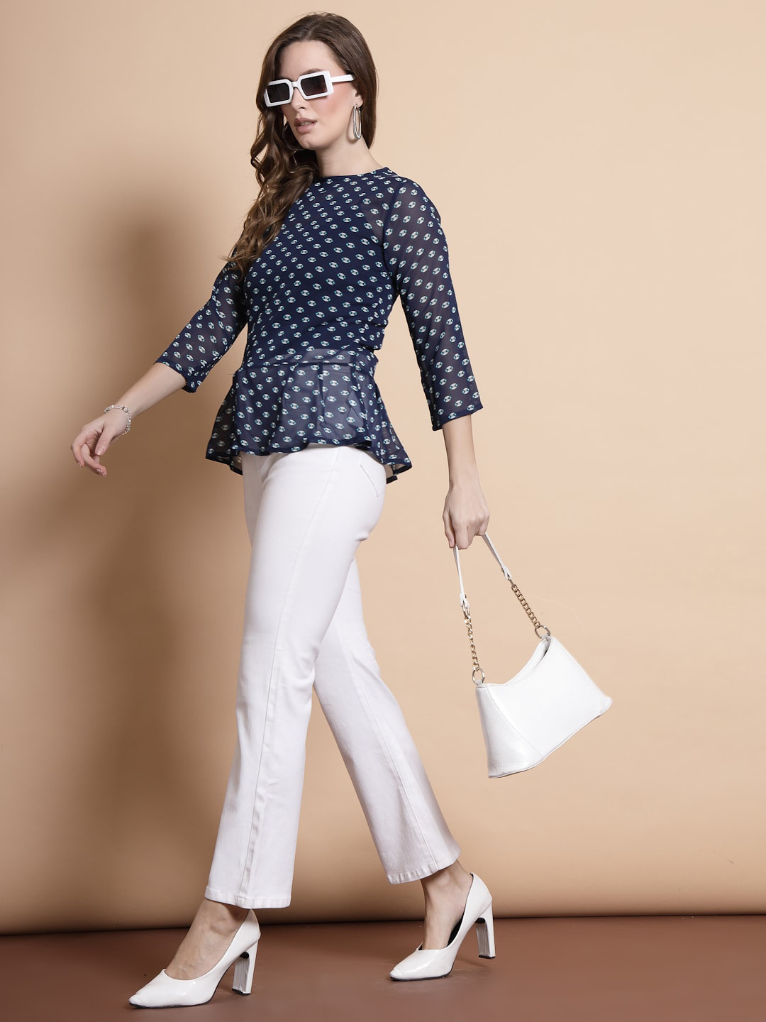 

DressBerry Polka Dot Print Peplum Top, Navy blue