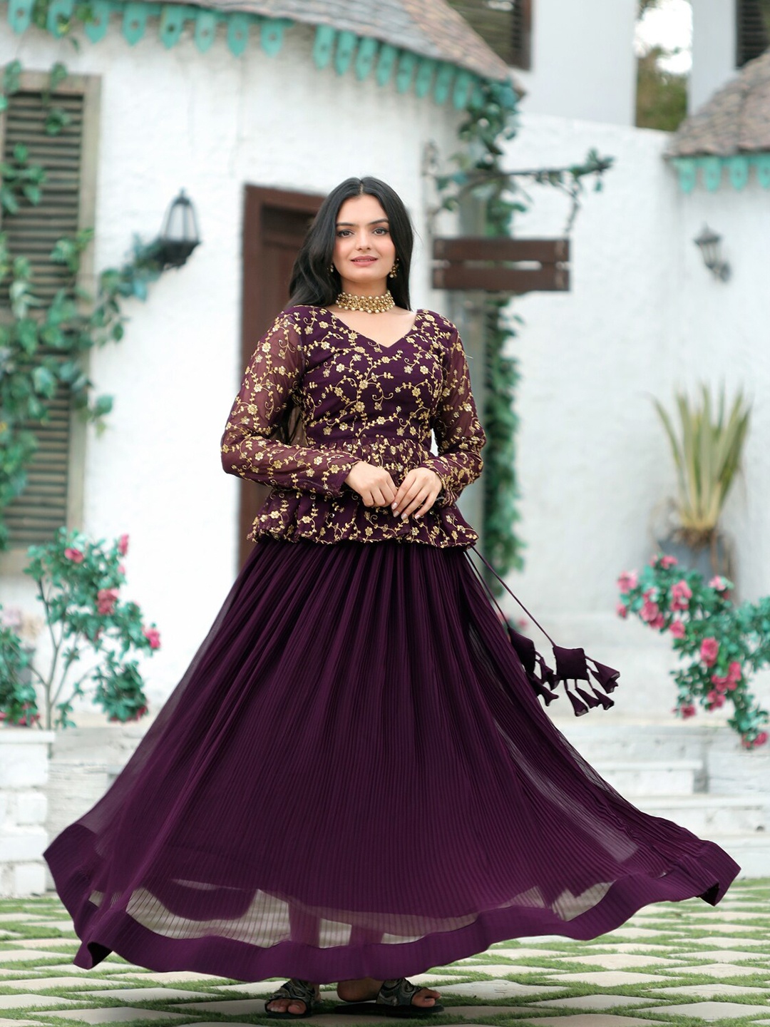 

PMD Fashion Embroidered Sequinned Ready to Wear Lehenga &, Purple