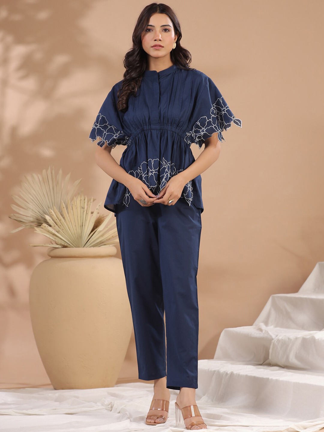 

RangDeep Embroidered Pure Cotton Mandarin Collar Tunic With Trousers Co-Ords, Blue