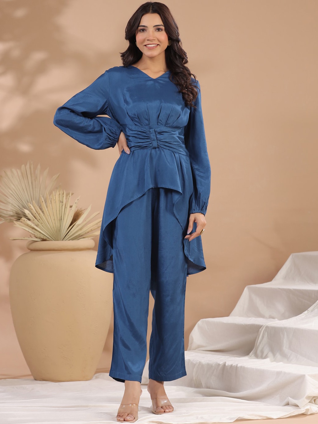 

RangDeep V-Neck Top & Flared Trouser Co-Ords, Blue