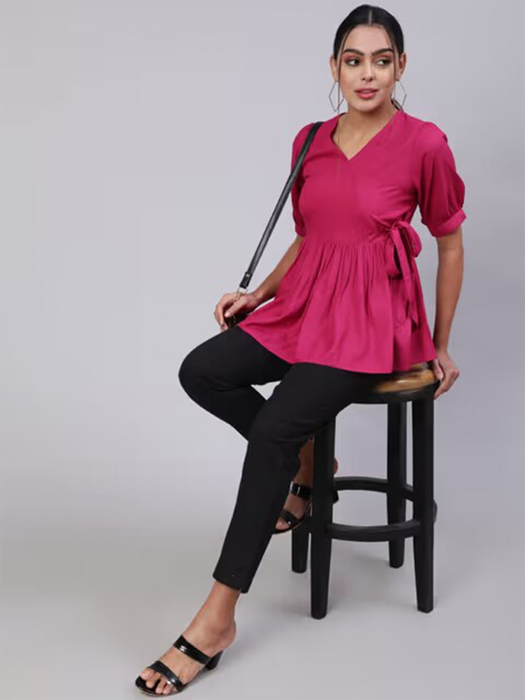 

Fab Star Roll-Up Sleeves Wrap Top, Pink