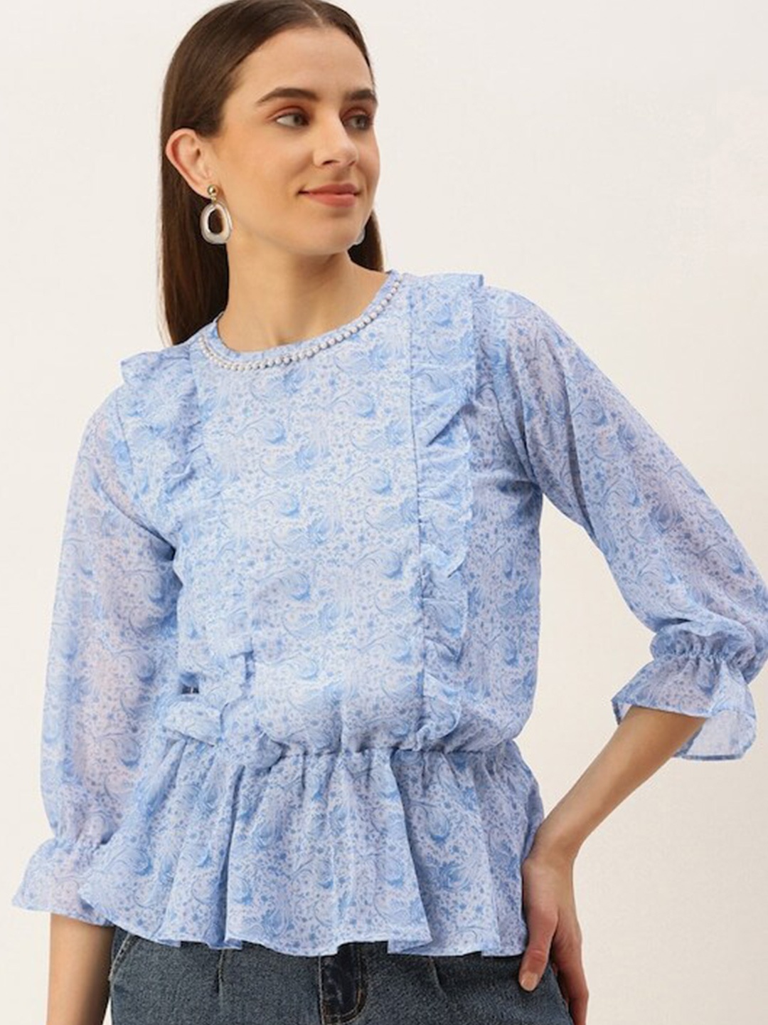 

MELOSO Floral Print Ruffles Georgette Top, Blue