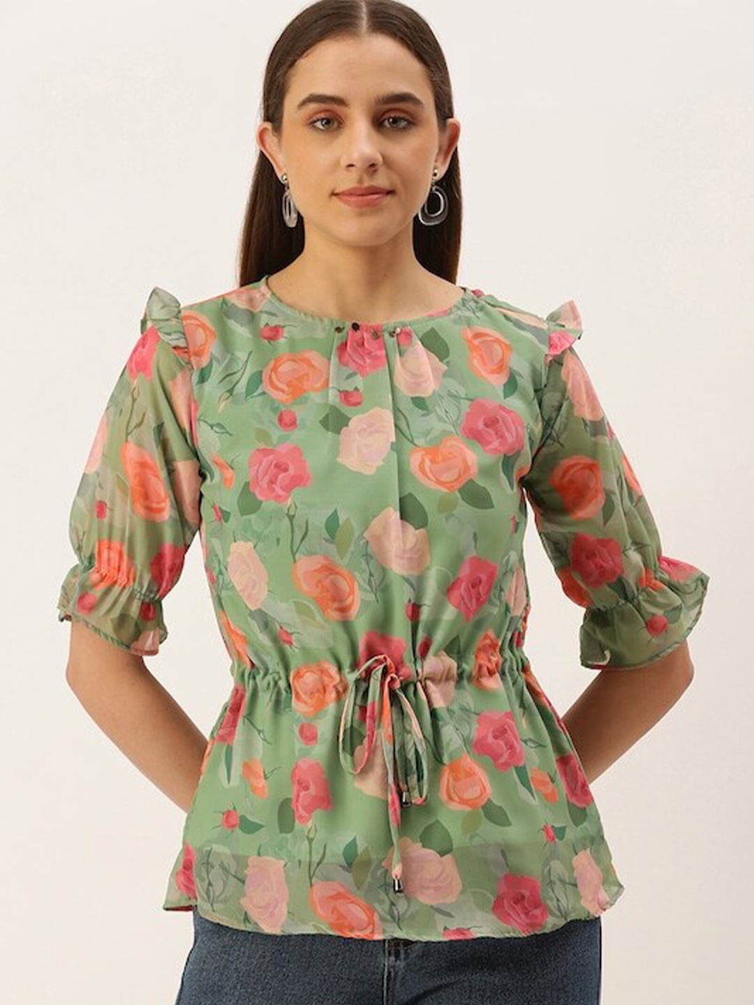 

MELOSO Floral Print Georgette Blouson Top, Sea green