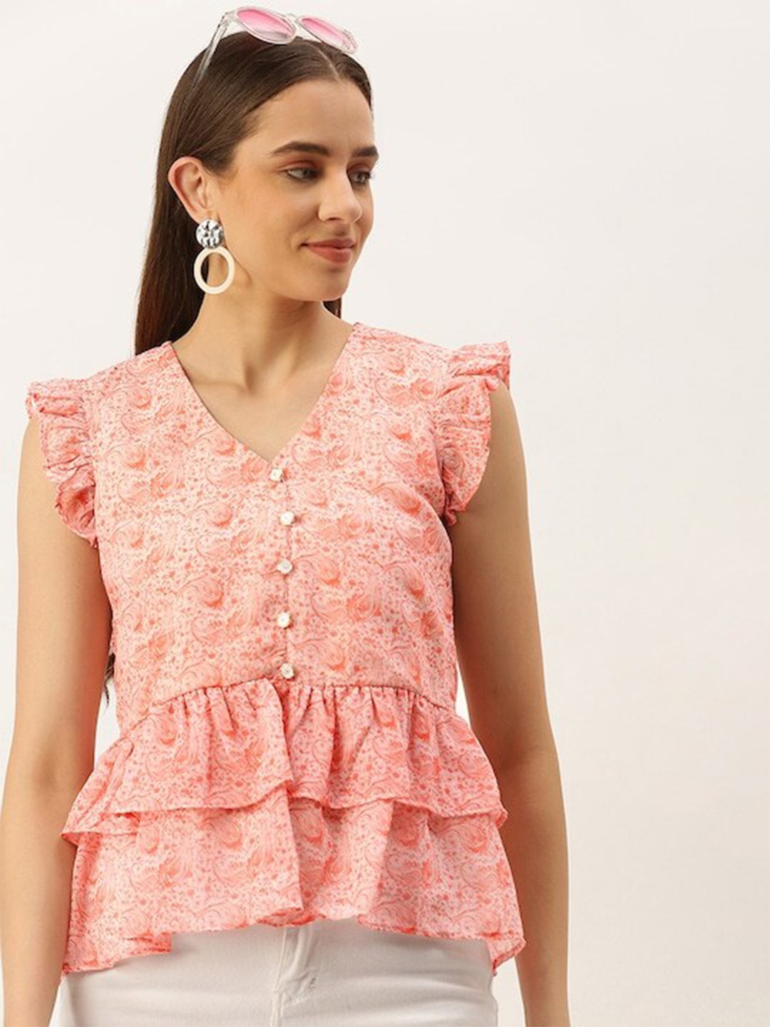 MELOSO Floral Print Ruffles Georgette Top, Peach