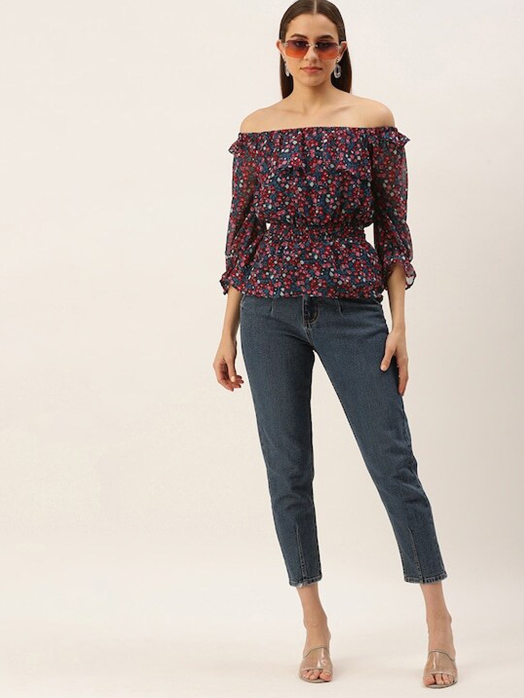 

MELOSO Floral Print Off-Shoulder Georgette Bardot Top, Navy blue