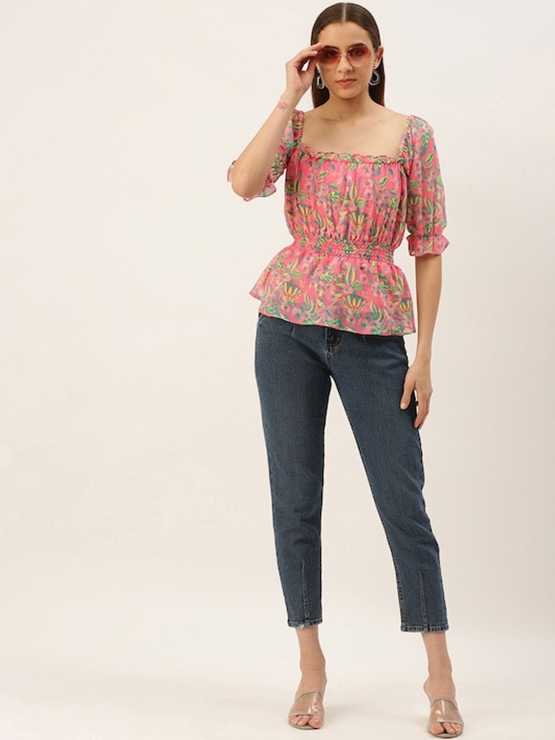 

MELOSO Floral Print Puff Sleeve Georgette Cinched Waist Top, Pink