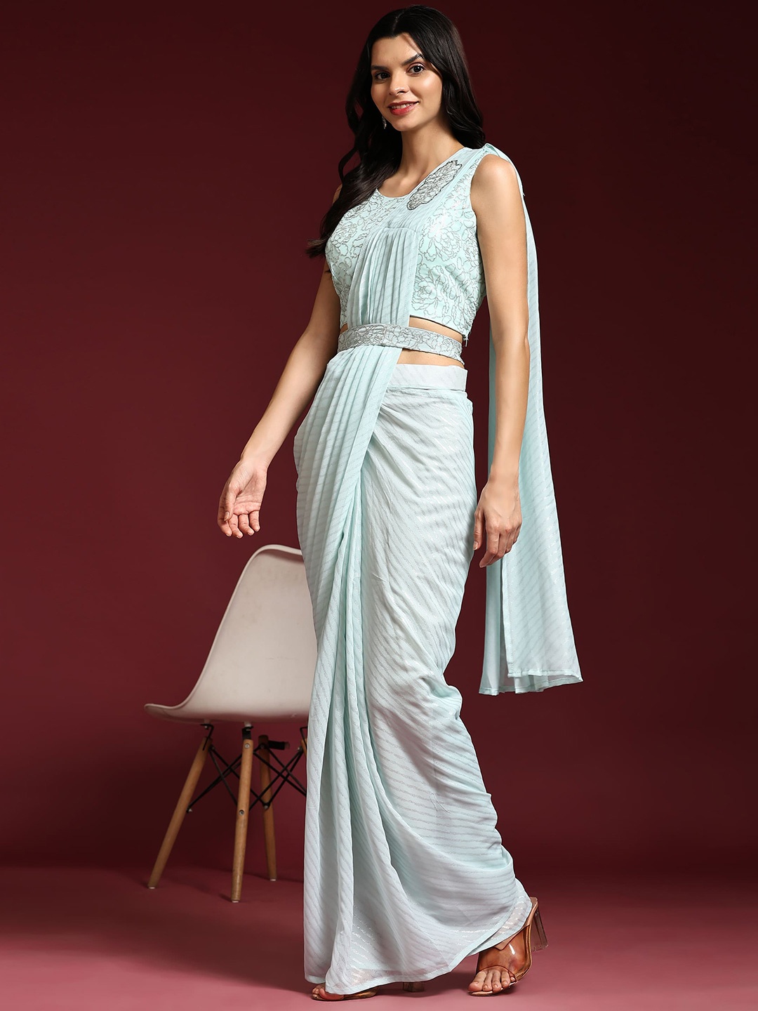 

AMOHA TRENDZ Striped Embroidered Net Ready to Wear Saree, Turquoise blue
