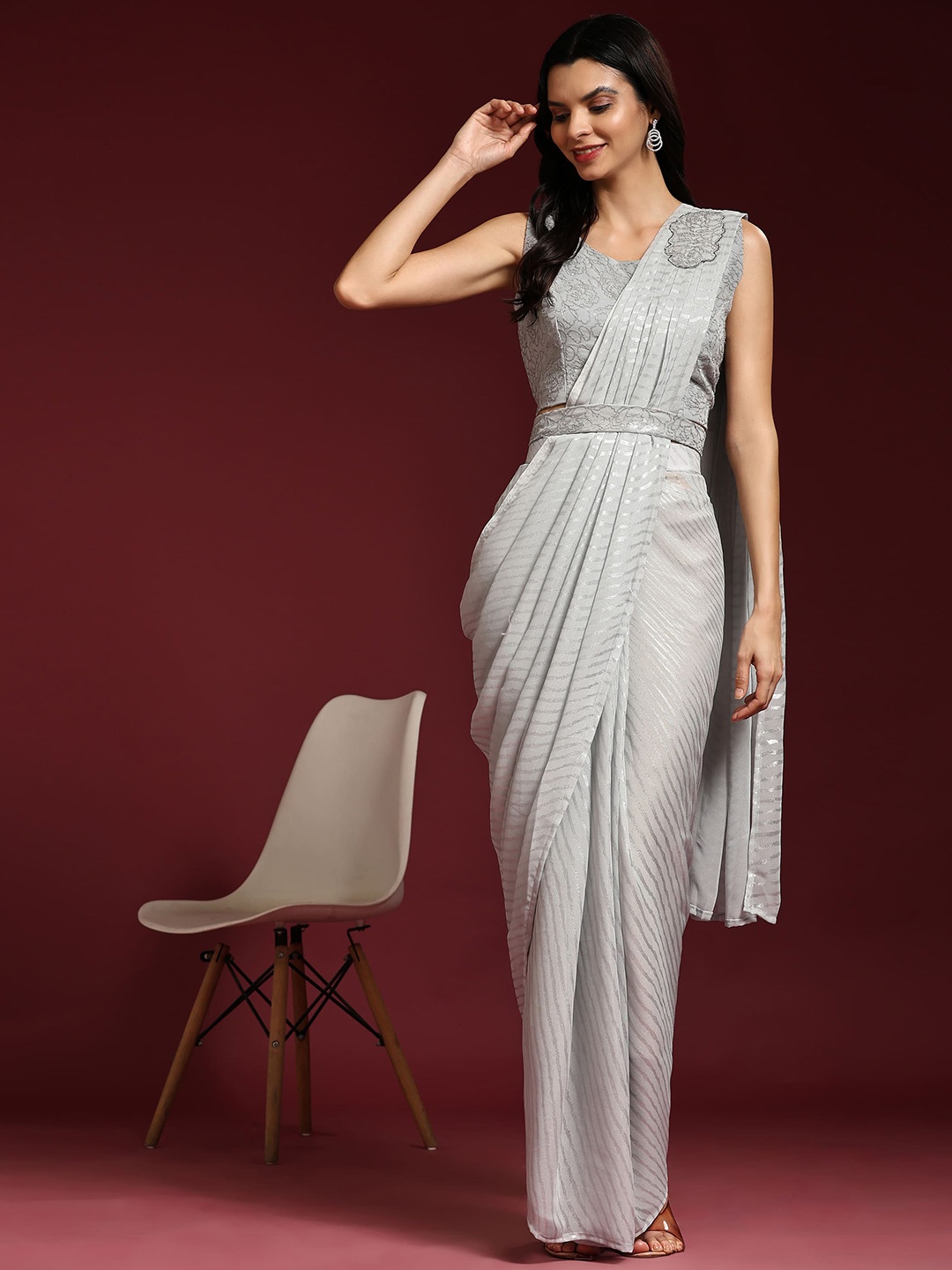 

AMOHA TRENDZ Embellished Embroidered Net Ready to Wear Saree, Grey