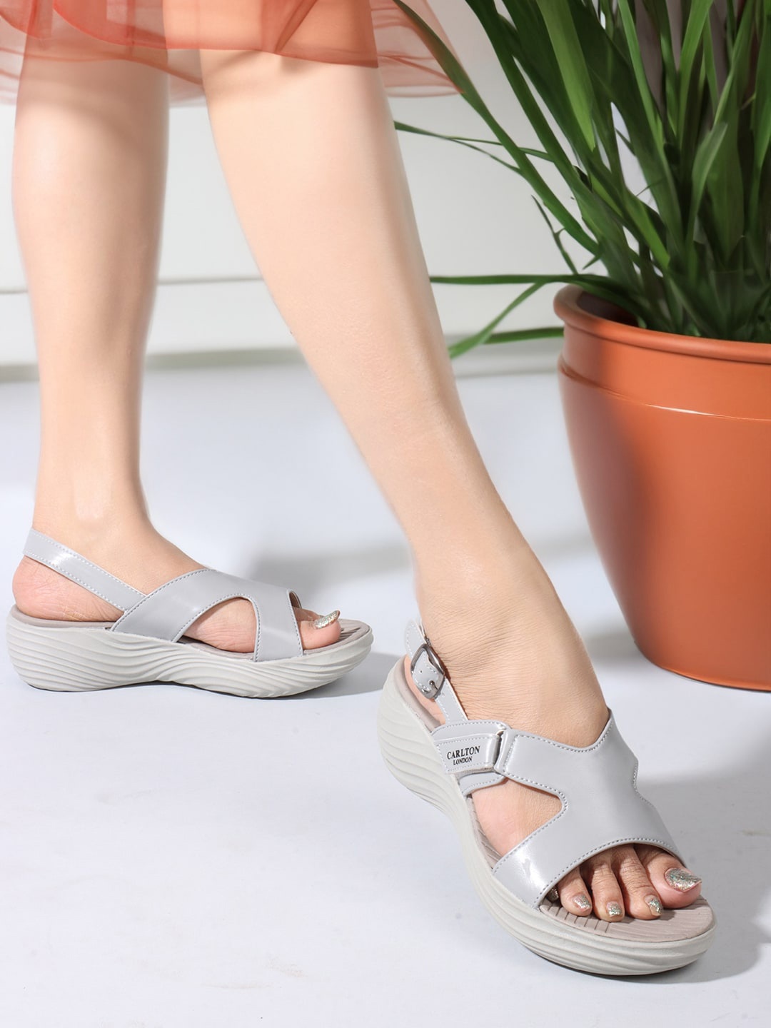 

Carlton London Block Sandals with Buckles, Grey