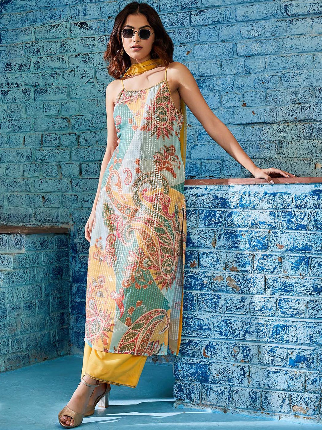 

Biba Women Floral Printed Regular Sequinned Kurta with Palazzos & With Dupatta, Yellow