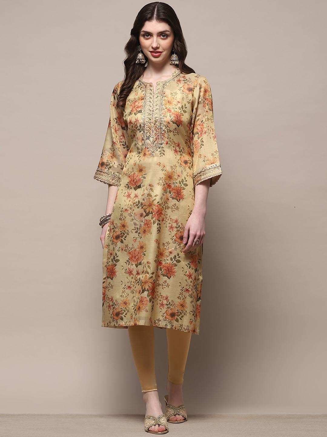 

Biba Women Floral Printed Keyhole Neck Sequinned Kurta, Beige