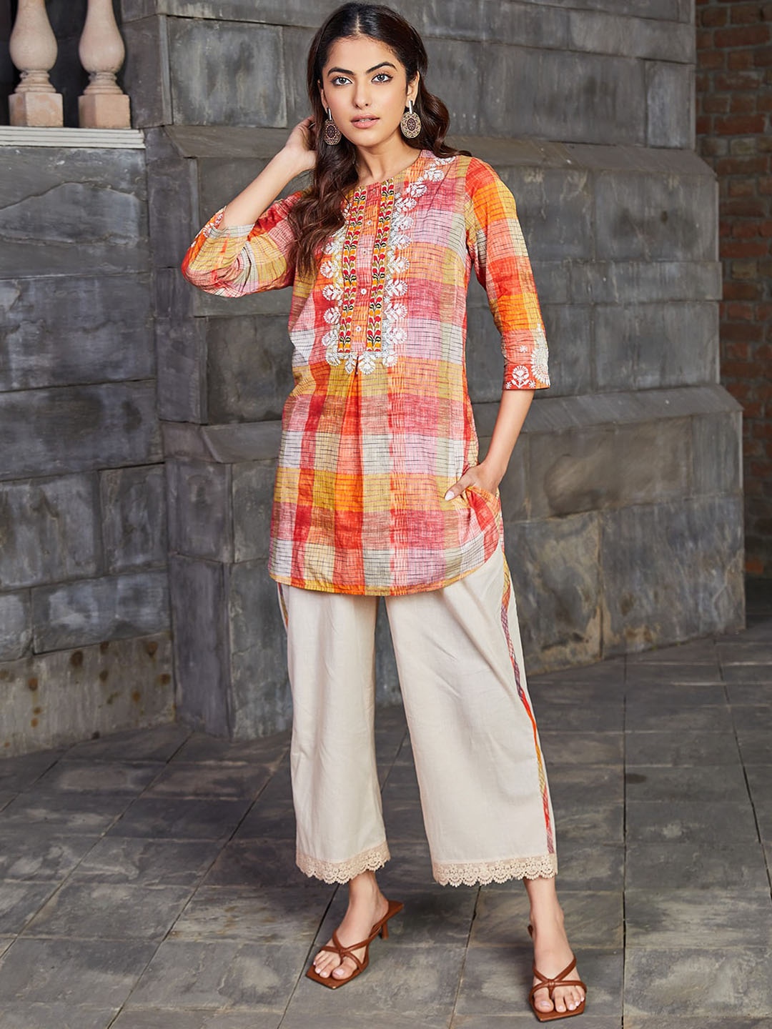 

Biba Women Printed Regular Thread Work Pure Cotton Kurta with Palazzos, Orange