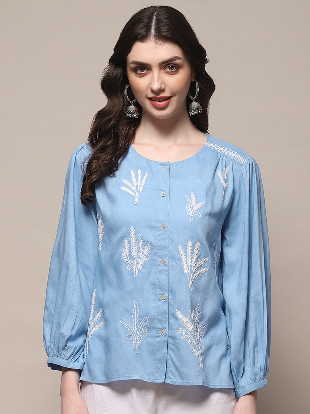 

Biba Floral Embroidered Round Neck Top, Blue