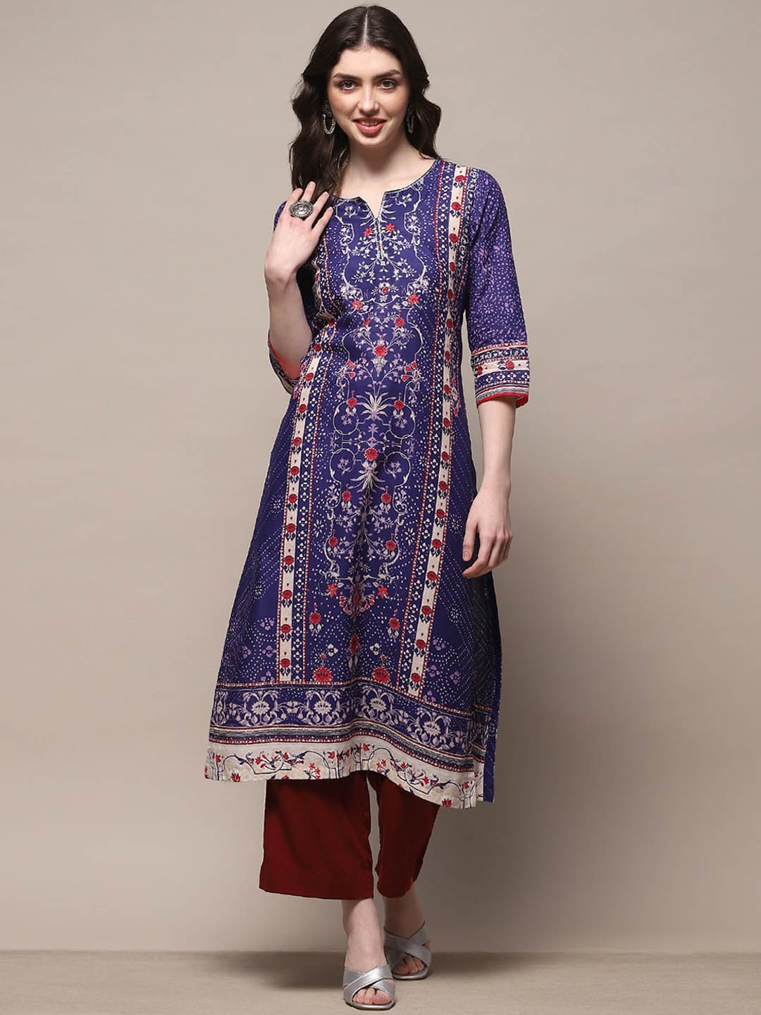 

Biba Women Ethnic Motifs Printed Keyhole Neck Sequinned Kurta, Blue