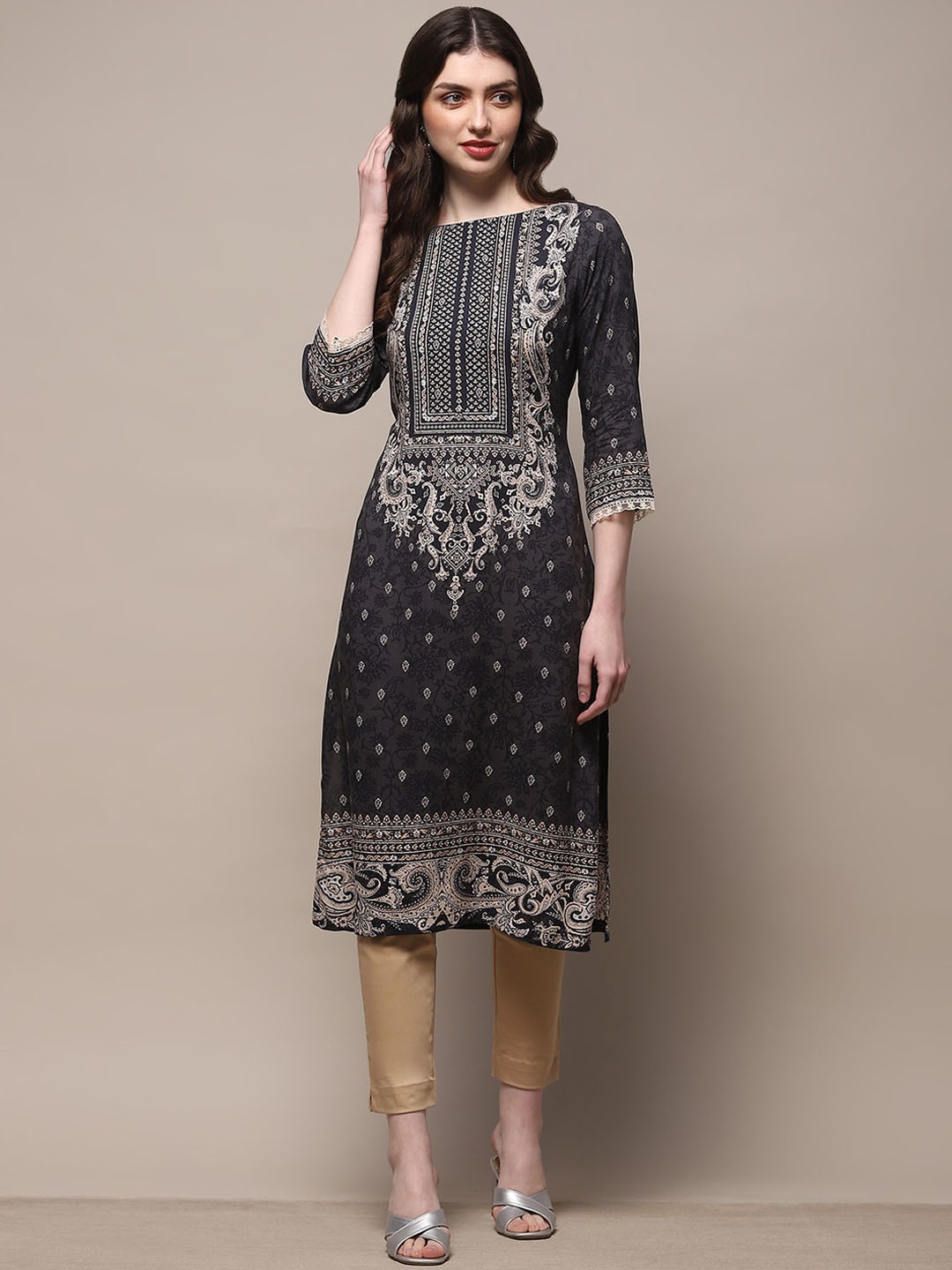 

Biba Women Ethnic Motifs Printed Flared Sleeves Sequinned Kurta, Black