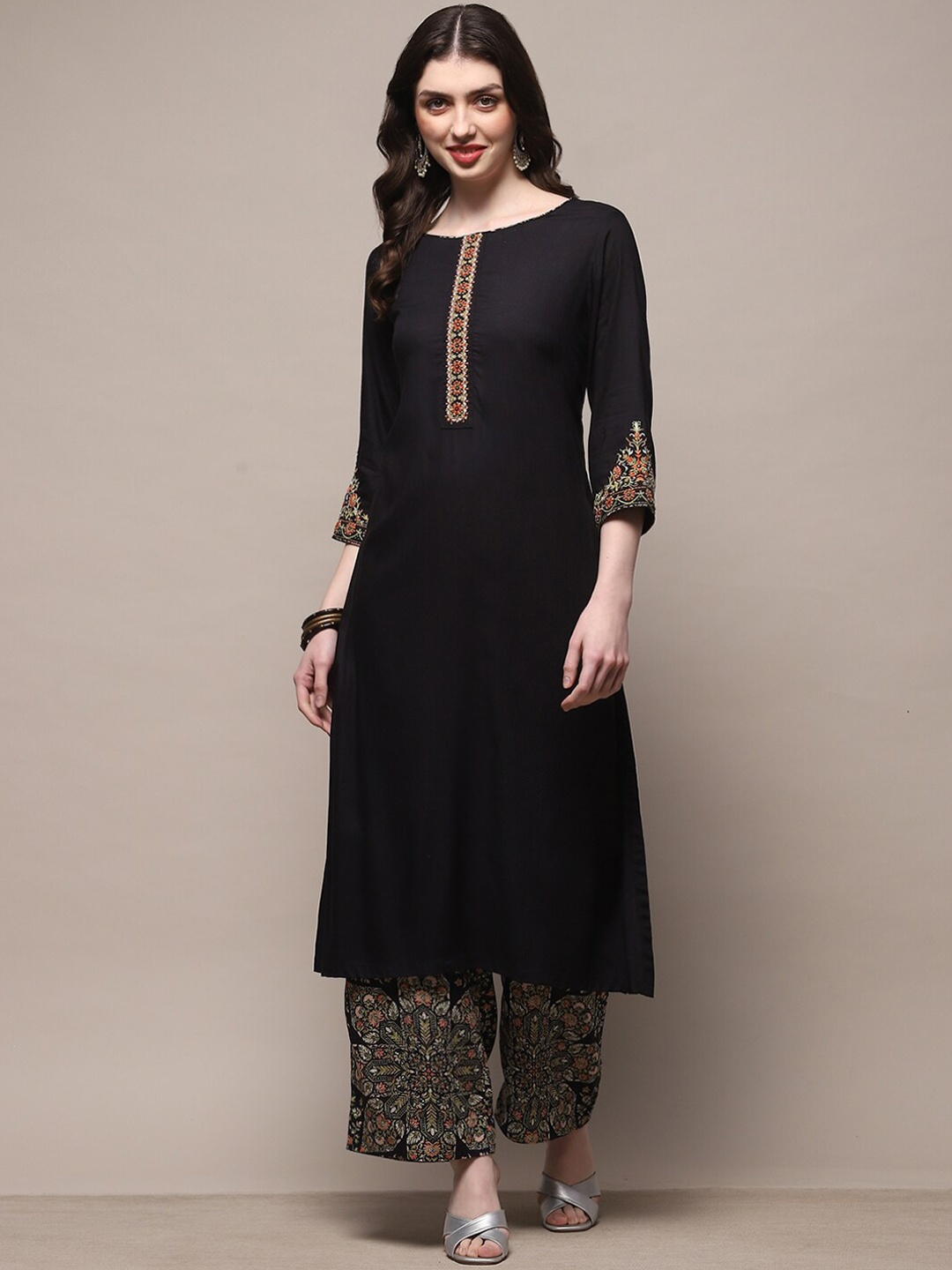

Biba Women Floral Yoke Design Regular Kurta with Palazzos, Black