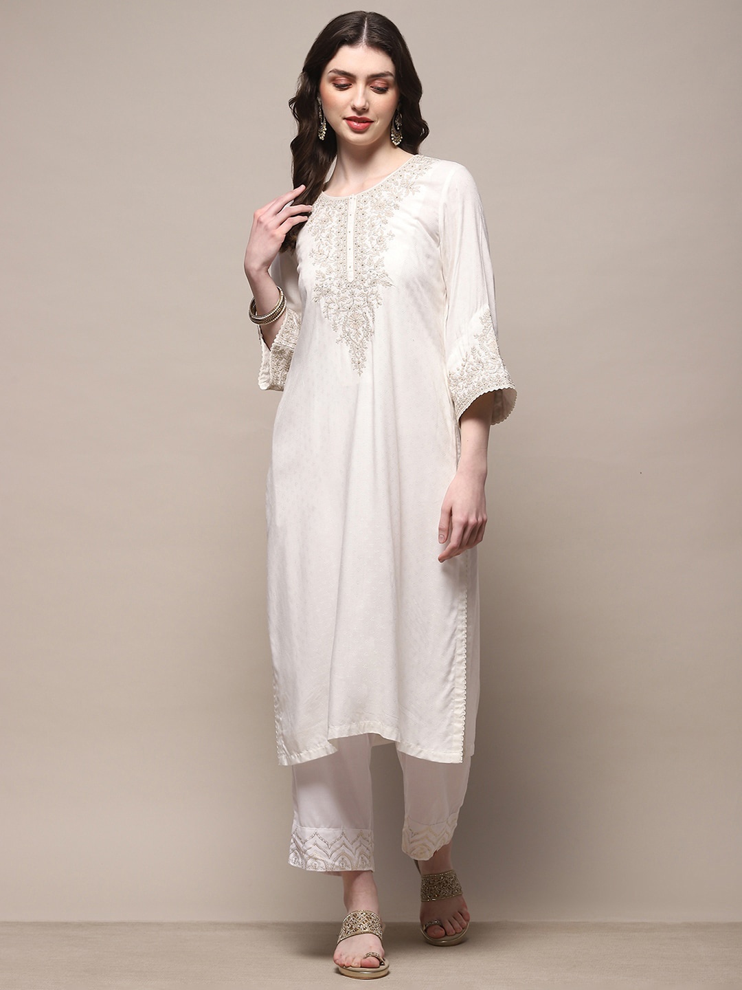 

Biba Women Ethnic Motifs Yoke Design Flared Sleeves Mirror Work Kurta, White