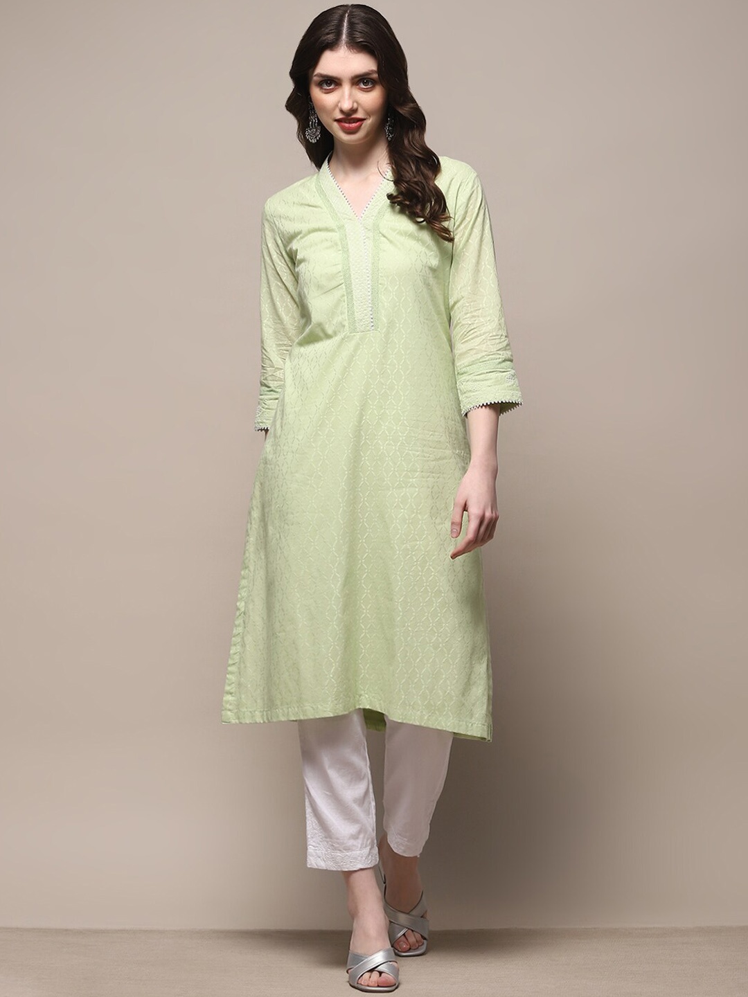 

Biba Women Striped Chikankari Kurta, Sea green