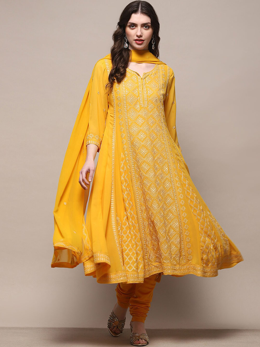 

Biba Women Floral Embroidered Regular Kurta with Churidar & With Dupatta, Yellow