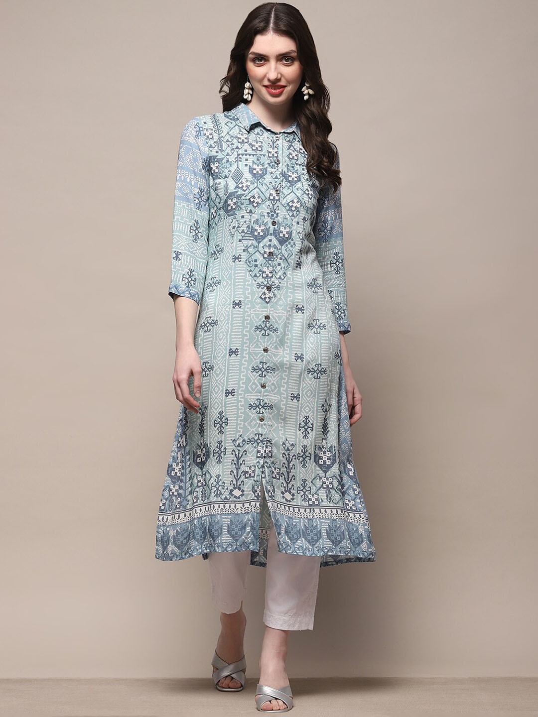 

Biba Women Ethnic Motifs Printed Keyhole Neck Flared Sleeves Sequinned Kurta, Blue