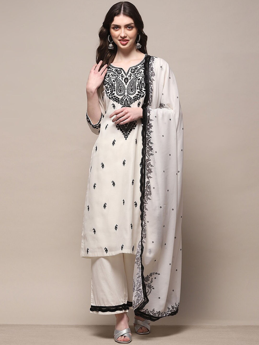 

Biba Women Floral Embroidered Regular Thread Work Kurta with Palazzos & With Dupatta, Off white