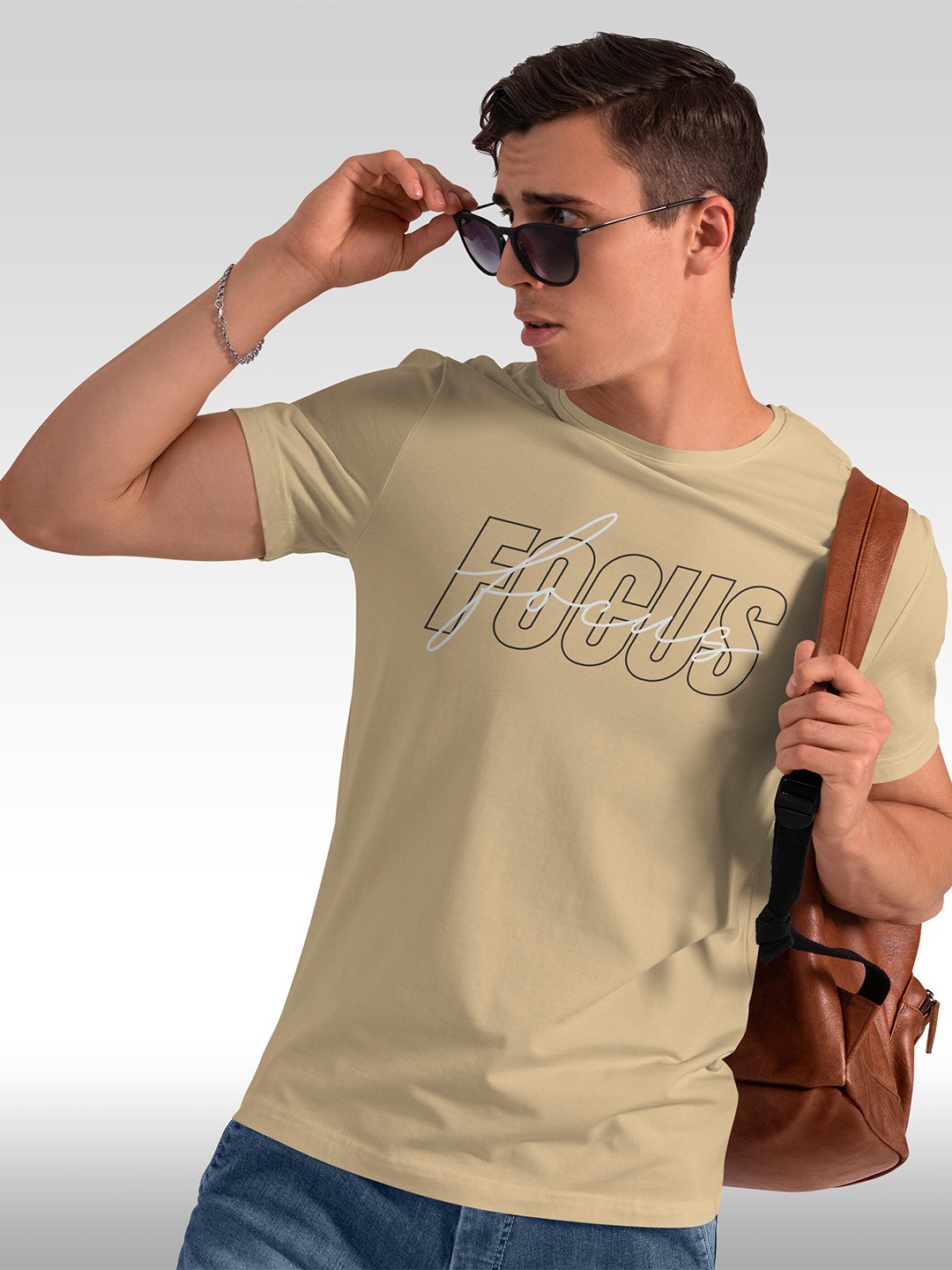 

BAESD Men Typography Printed Round Neck Raw Edge T-shirt, Beige
