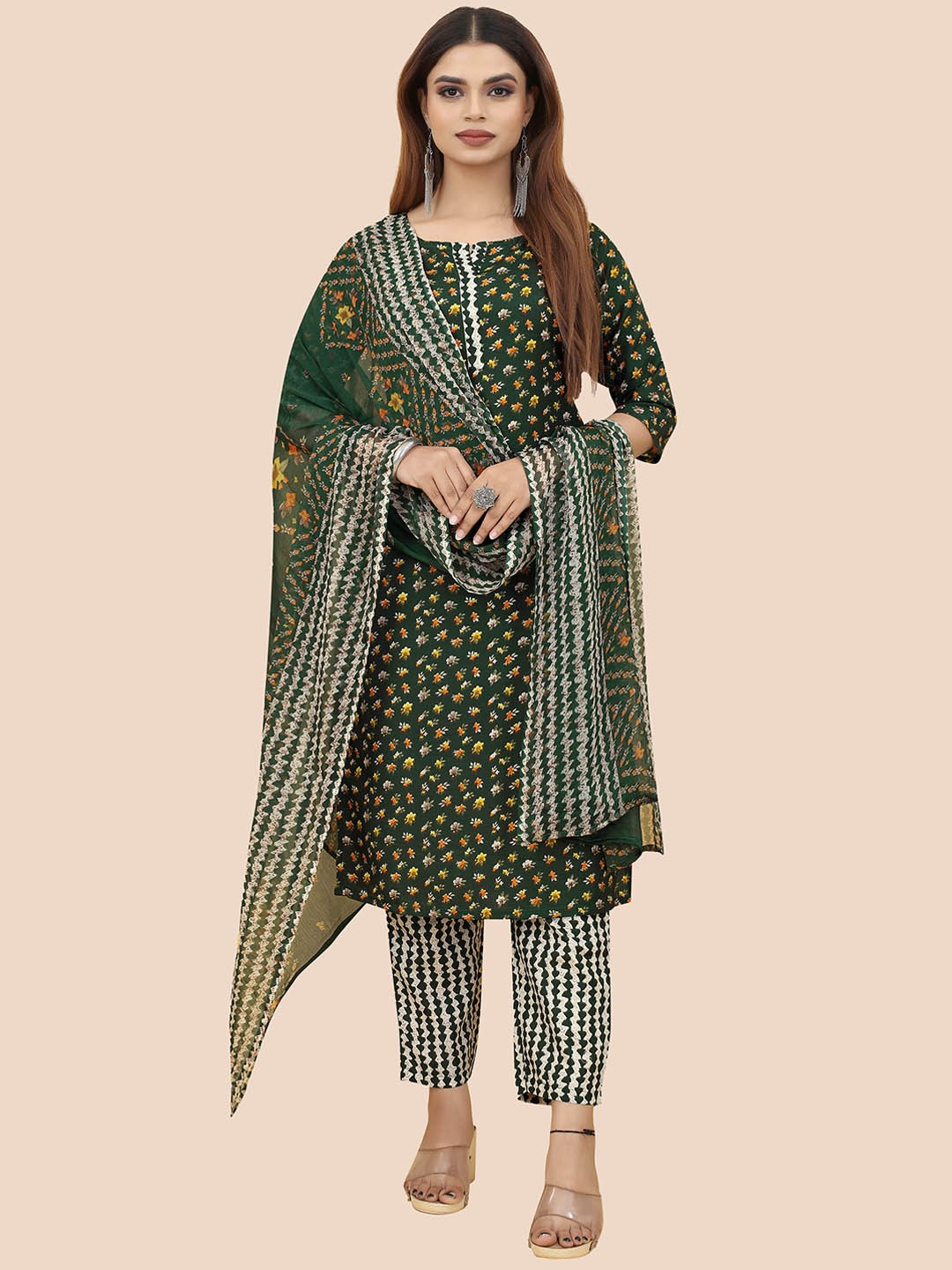 

Kiwie Women Floral Printed Regular Kurta with Salwar & With Dupatta, Green