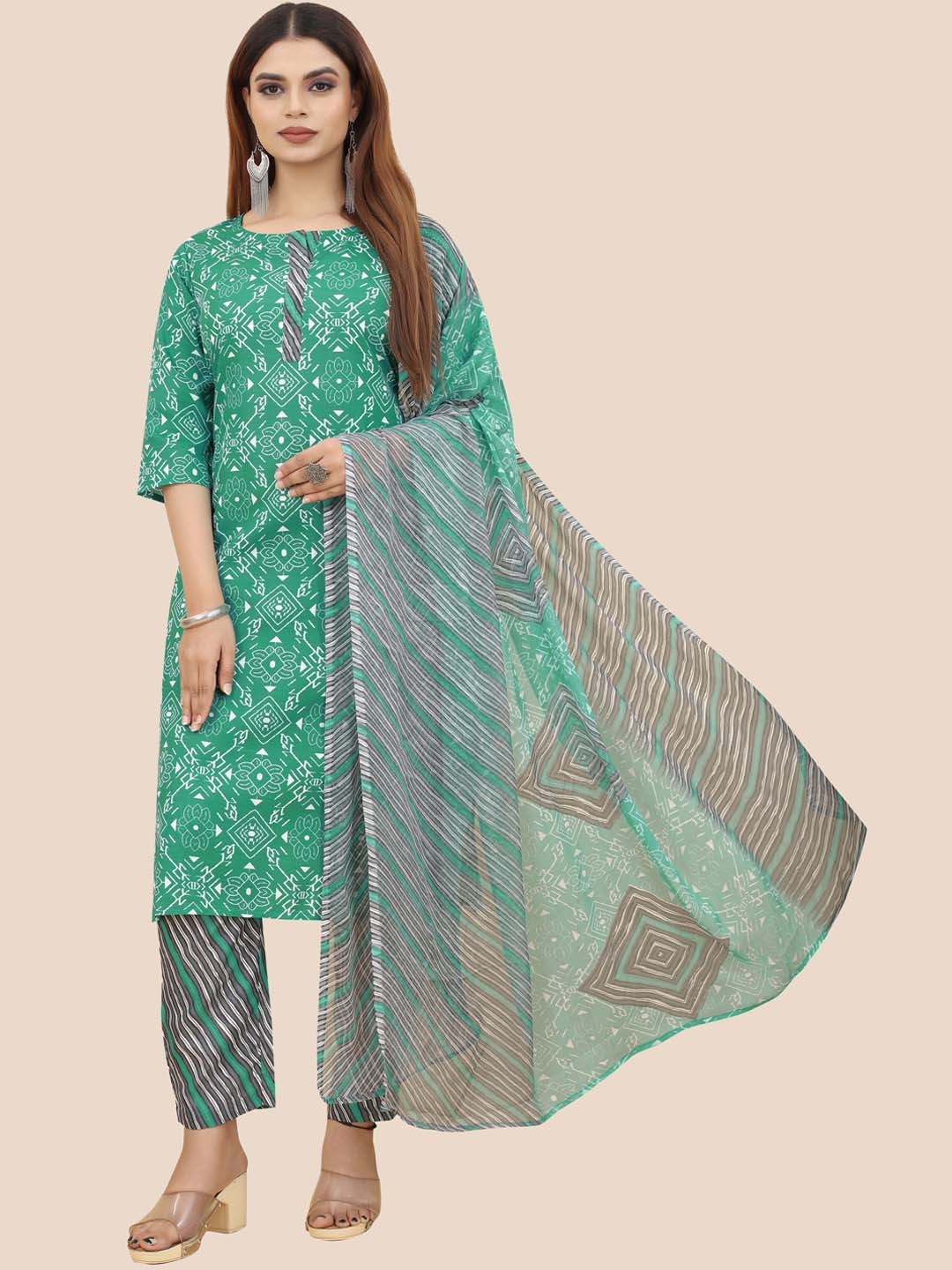 

Kiwie Women Printed Regular Kurta with Salwar & With Dupatta, Green