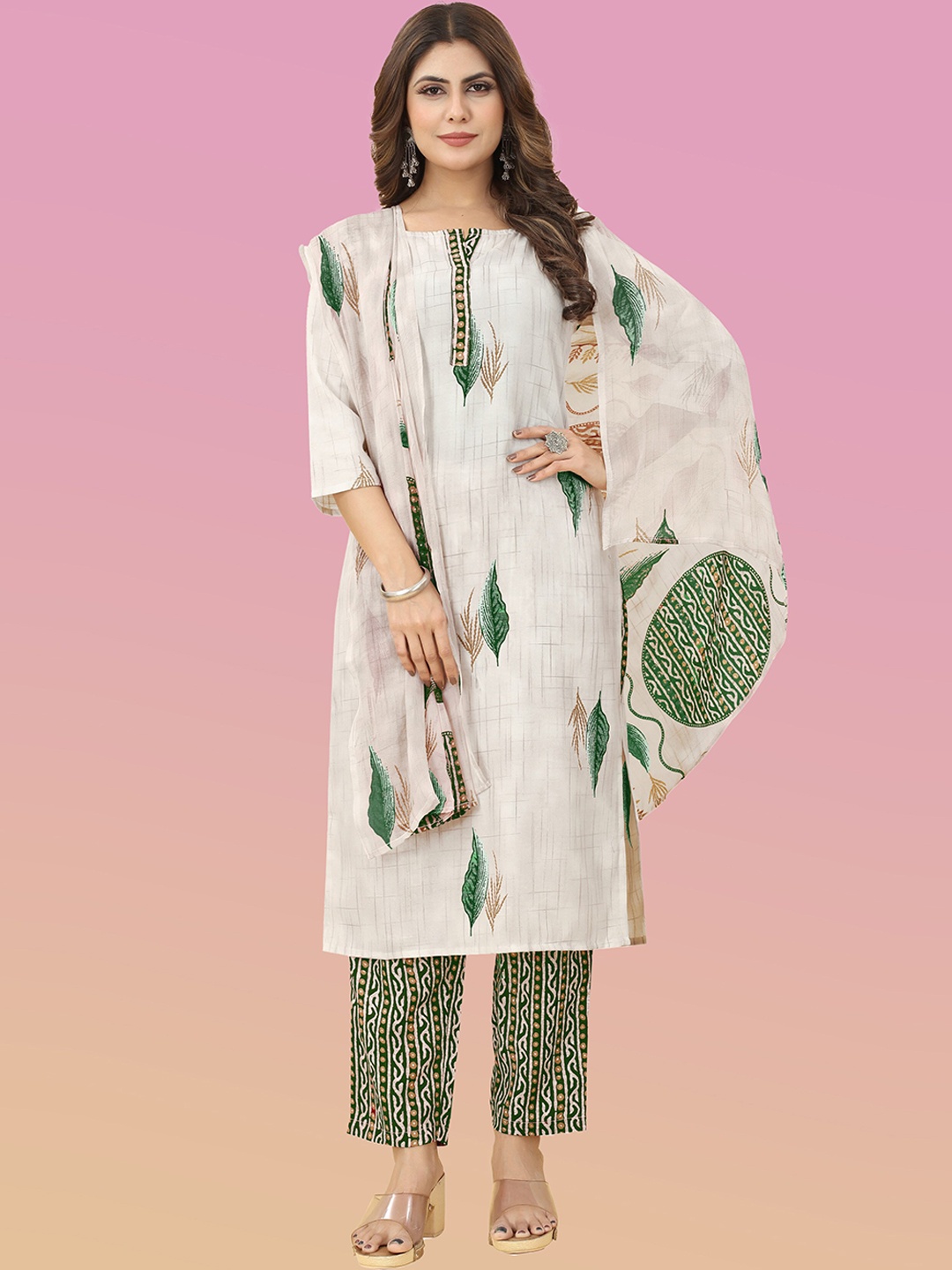 

Kiwie Women Printed Regular Kurta with Salwar & With Dupatta, Green