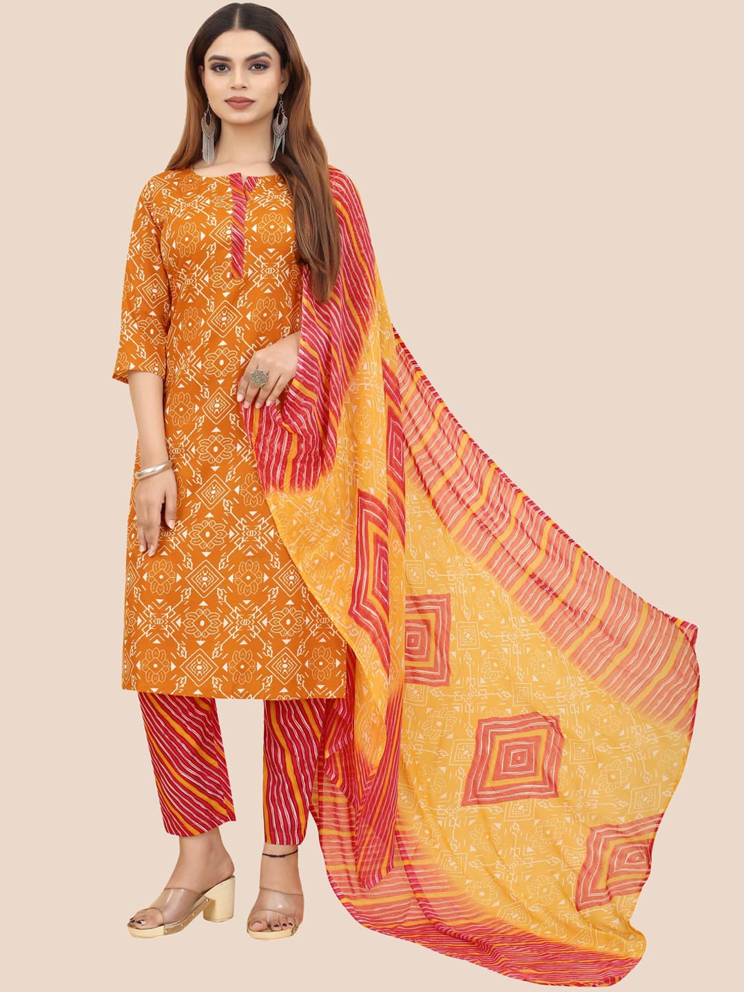 

Kiwie Women Printed Regular Kurta with Salwar & With Dupatta, Orange