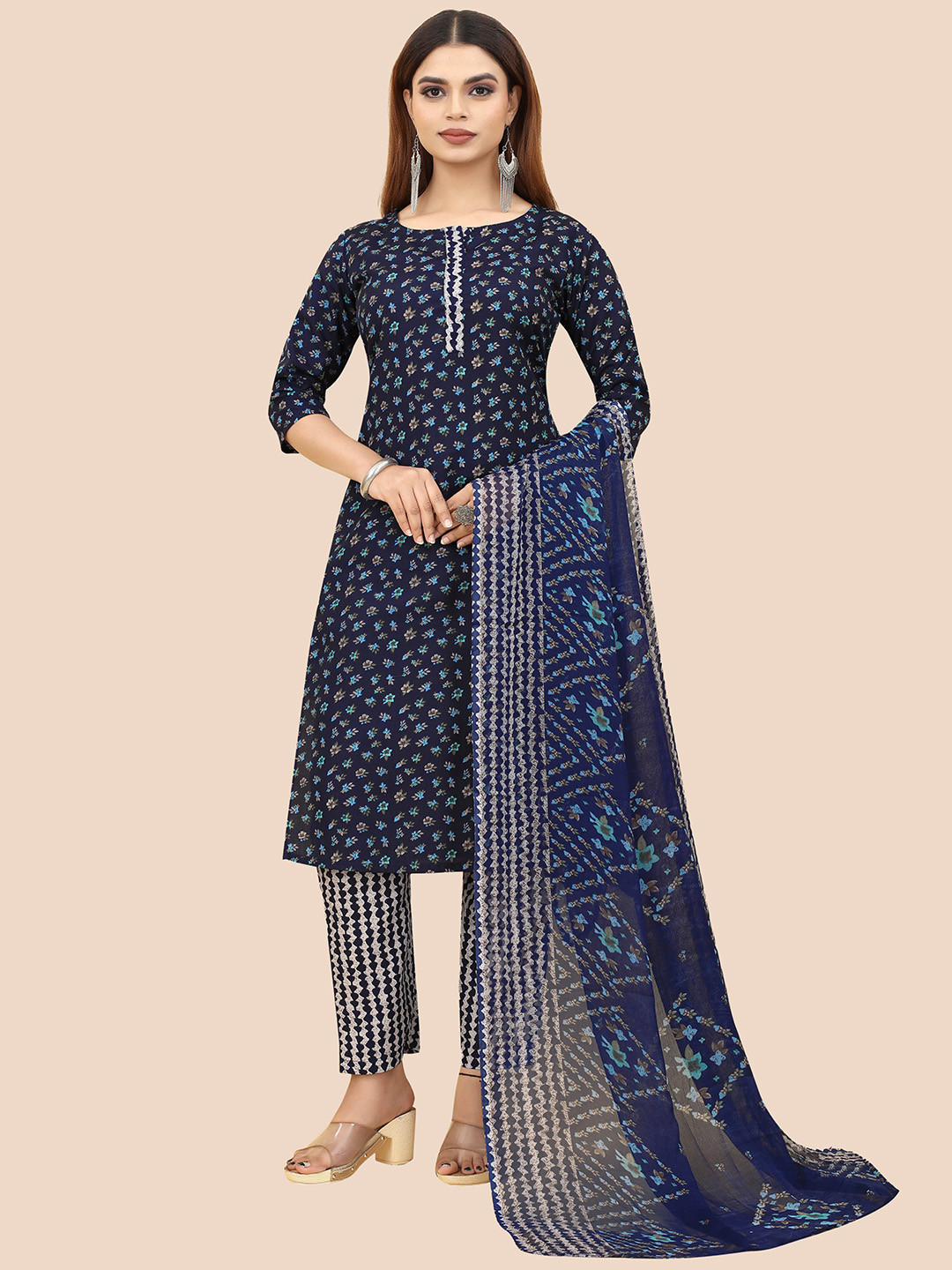 

Kiwie Women Floral Printed Regular Kurta with Salwar & With Dupatta, Blue