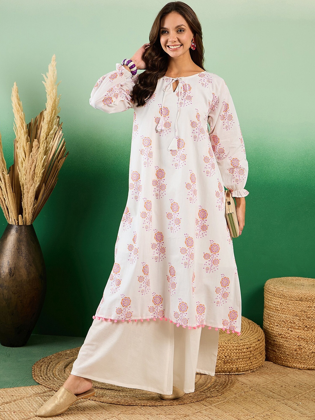 

Sangria Floral Printed Bell Sleeves Cotton A-Line Kurta, Cream