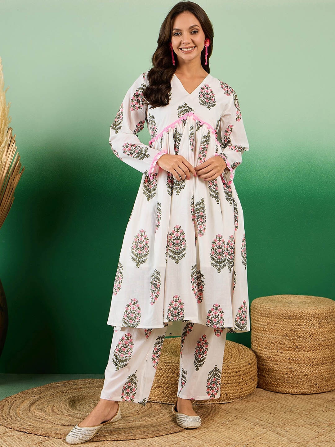 Sangria Floral Mughal Printed Pure Cotton A-Line Kurta With Palazzos, Cream