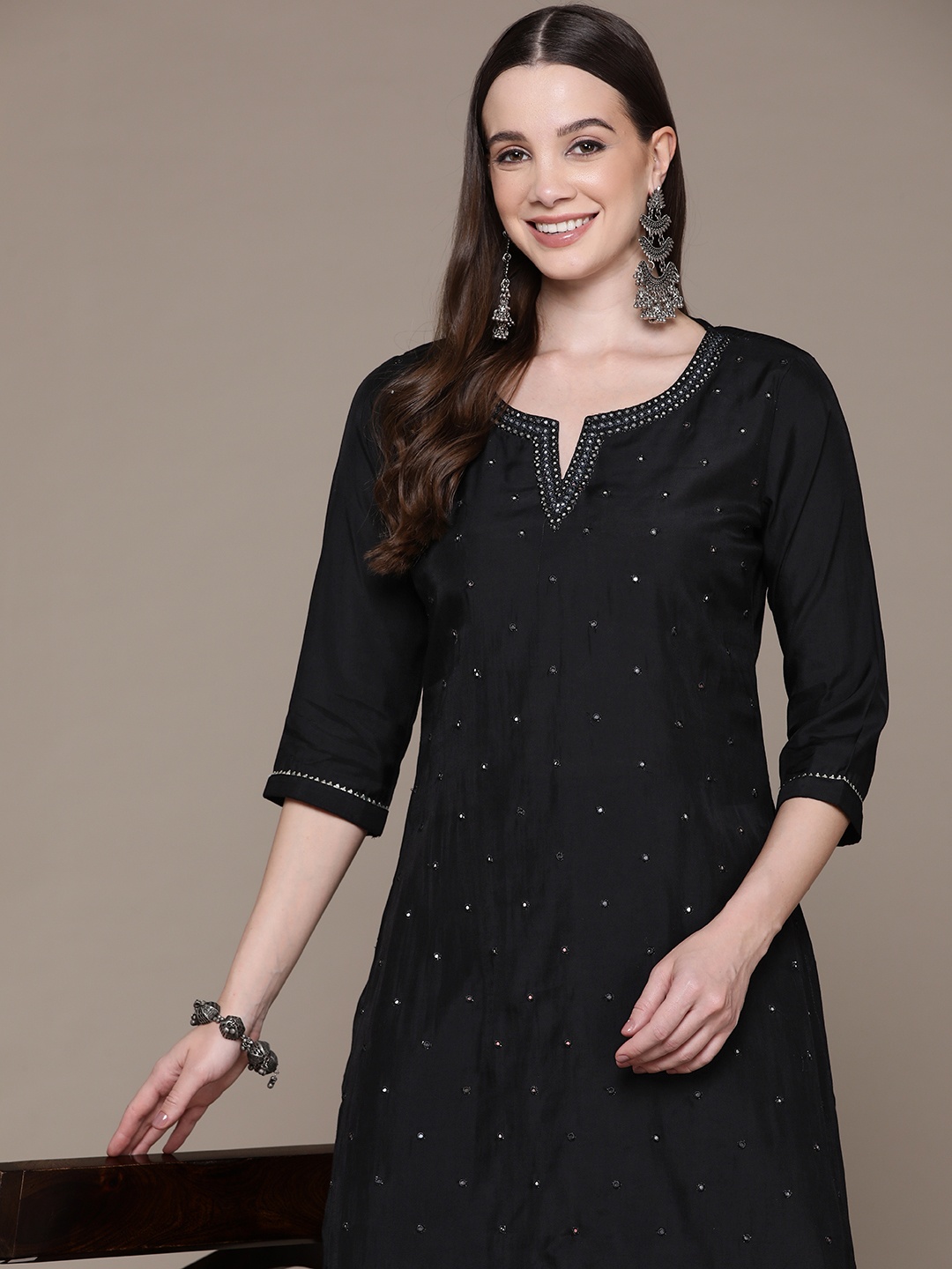 

Readiprint Embroidered Mirror Work Pure Silk Kurta with Trousers, Black